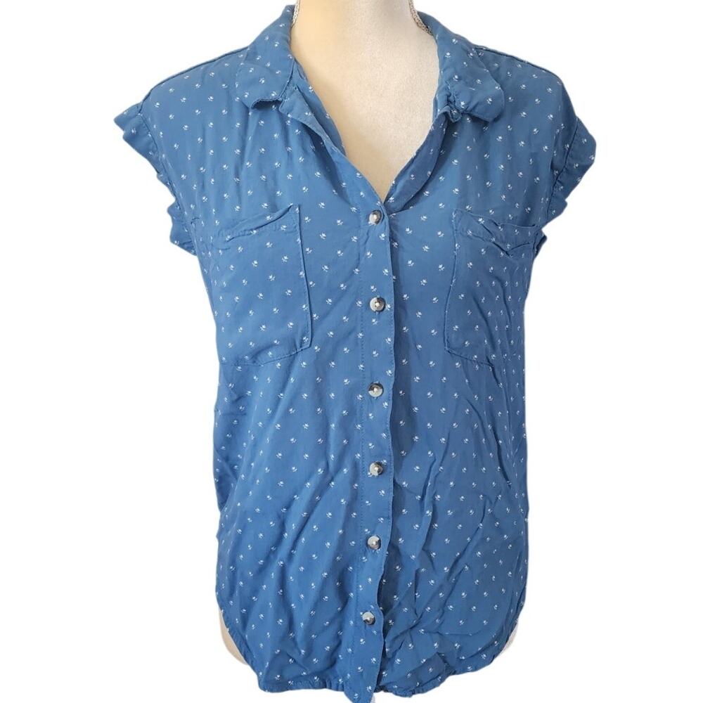 Jachs Girlfriend Short Sleeve Blue Button Down Floral Tulips Shirt Size Small
